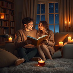 A romantic scene featuring a couple reading a book together, sitting on a comfortable couch in a cozy living room
