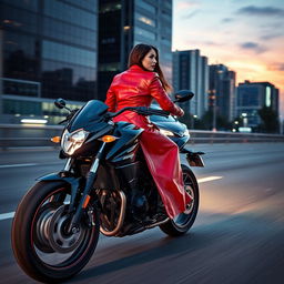 An adult sexy woman riding a sleek black motorcycle, exuding confidence and charisma