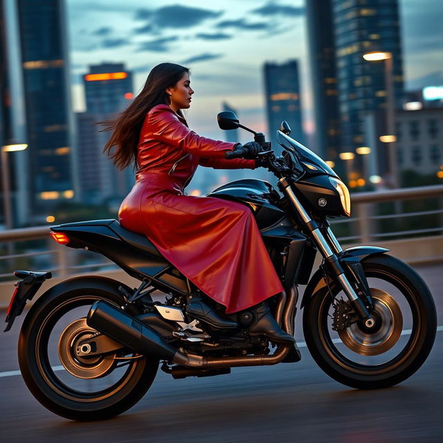 An adult sexy woman riding a sleek black motorcycle, exuding confidence and charisma
