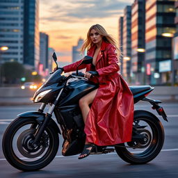 An adult sexy woman riding a sleek black motorcycle, exuding confidence and charisma