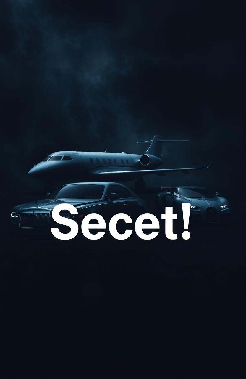 A dark, mysterious abstract background featuring a sleek private jet, an elegant Rolls Royce car, and a stunning Bugatti car, all symbolizing a luxurious dream life