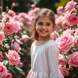 A beautiful, sweet girl stands gracefully in a blooming garden filled with bright, large pink roses