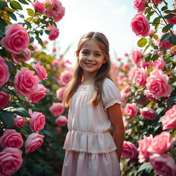 A beautiful, sweet girl stands gracefully in a blooming garden filled with bright, large pink roses