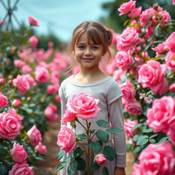 A beautiful, sweet girl stands gracefully in a blooming garden filled with bright, large pink roses