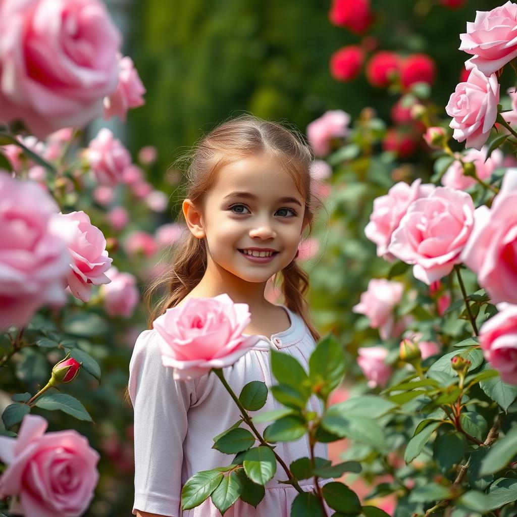 A beautiful, sweet girl stands gracefully in a blooming garden filled with bright, large pink roses