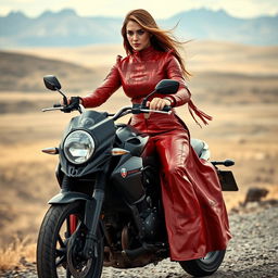 An alluring adult woman riding a sleek black motorcycle