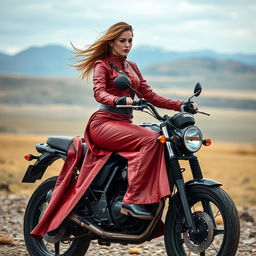 An alluring adult woman riding a sleek black motorcycle