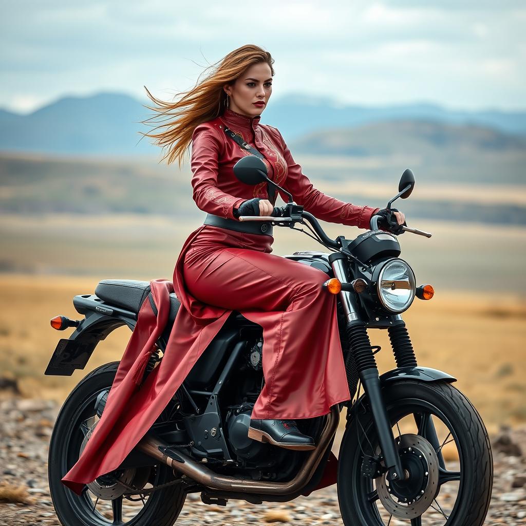An alluring adult woman riding a sleek black motorcycle