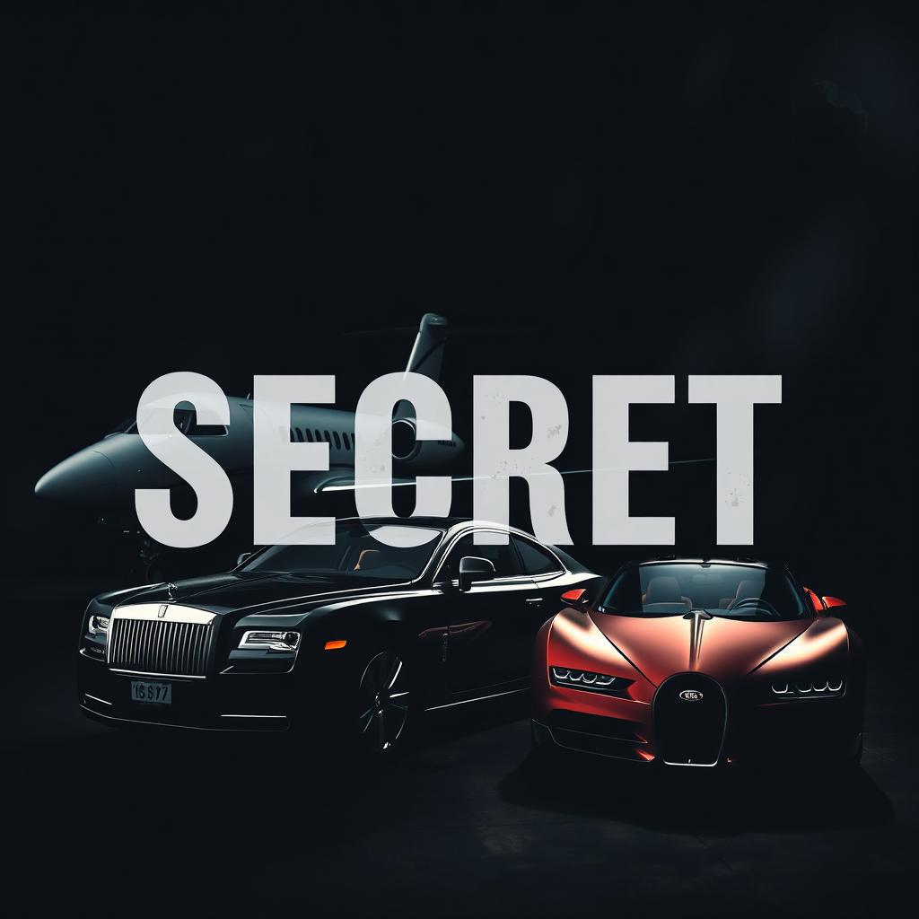 A dark, mysterious abstract background featuring a sleek private jet, an elegant Rolls Royce car, and a stunning Bugatti car, all symbolizing a luxurious dream life