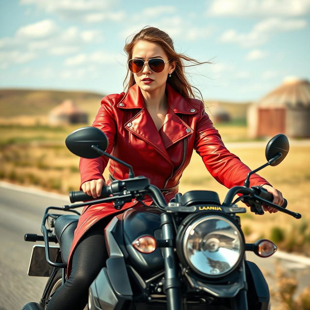 An alluring adult woman riding a striking black motorcycle, exuding confidence and style