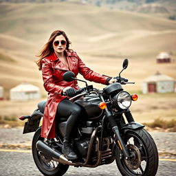 An alluring adult woman riding a striking black motorcycle, exuding confidence and style