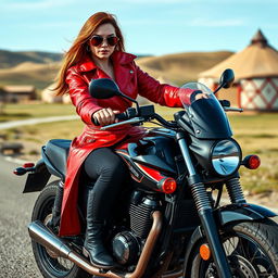 An alluring adult woman riding a striking black motorcycle, exuding confidence and style