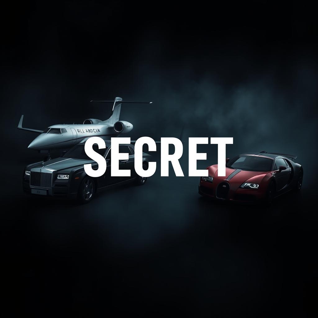 A dark, mysterious abstract background featuring a sleek private jet, an elegant Rolls Royce car, and a stunning Bugatti car, all symbolizing a luxurious dream life
