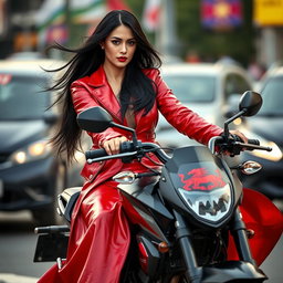 An adult sexy woman with long black hair, confidently riding a sleek black motorcycle