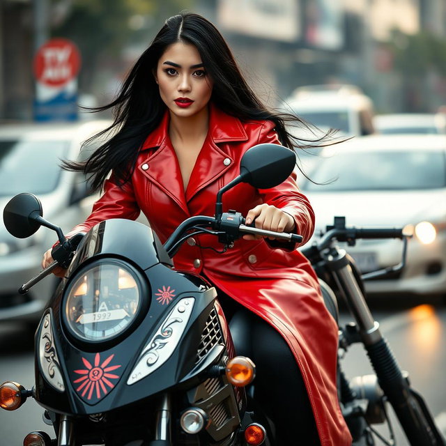 An adult sexy woman with long black hair, confidently riding a sleek black motorcycle