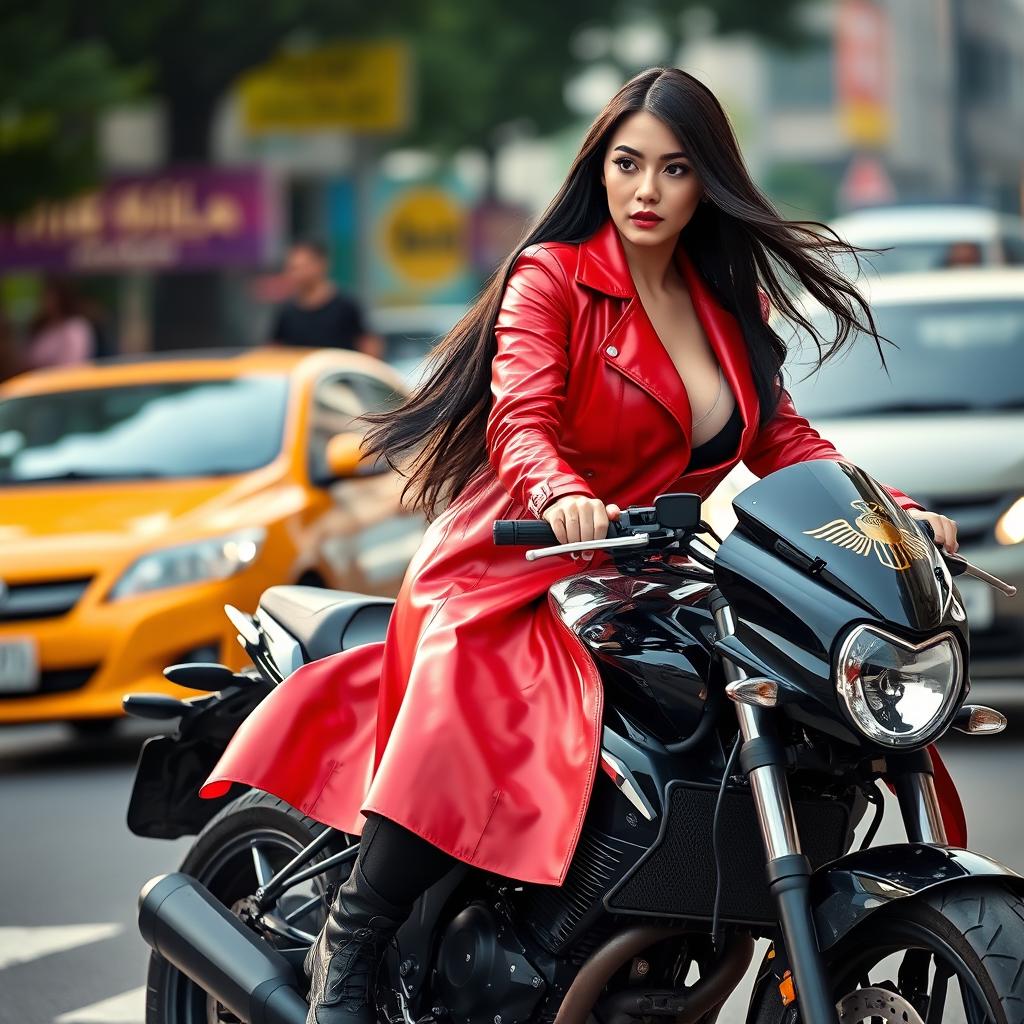 An adult sexy woman with long black hair, confidently riding a sleek black motorcycle