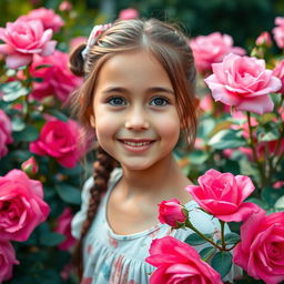 A close-up portrait of a beautiful girl with model-like features, approximately 8 years old, standing in a blooming garden filled with bright large pink roses