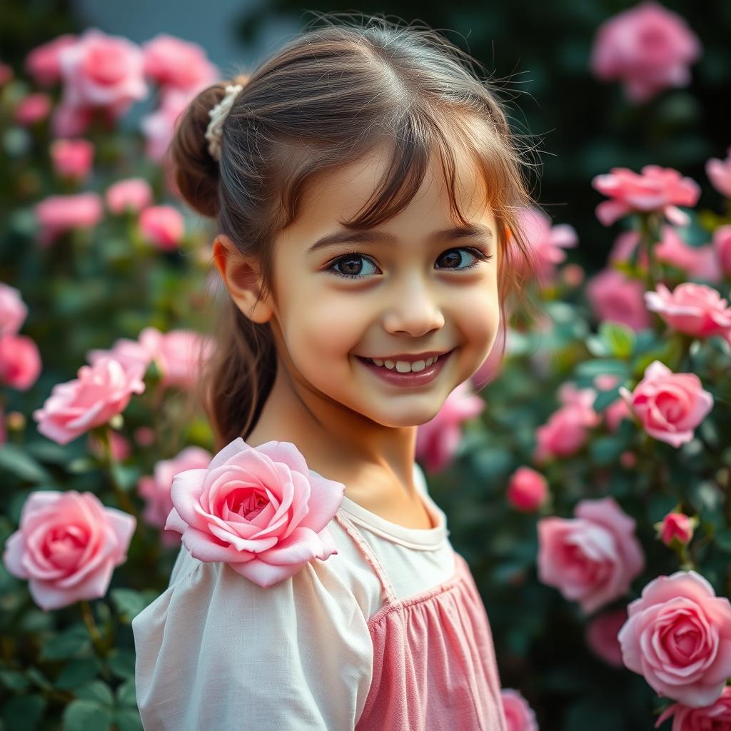 A close-up portrait of a beautiful girl with model-like features, approximately 8 years old, standing in a blooming garden filled with bright large pink roses