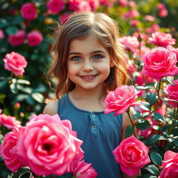 A close-up portrait of a beautiful girl with model-like features, approximately 8 years old, standing in a blooming garden filled with bright large pink roses