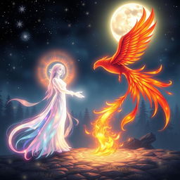 A magical night scene featuring two majestic entities, Radiance and Phoenix, meeting under a starlit sky