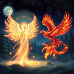 A magical night scene featuring two majestic entities, Radiance and Phoenix, meeting under a starlit sky