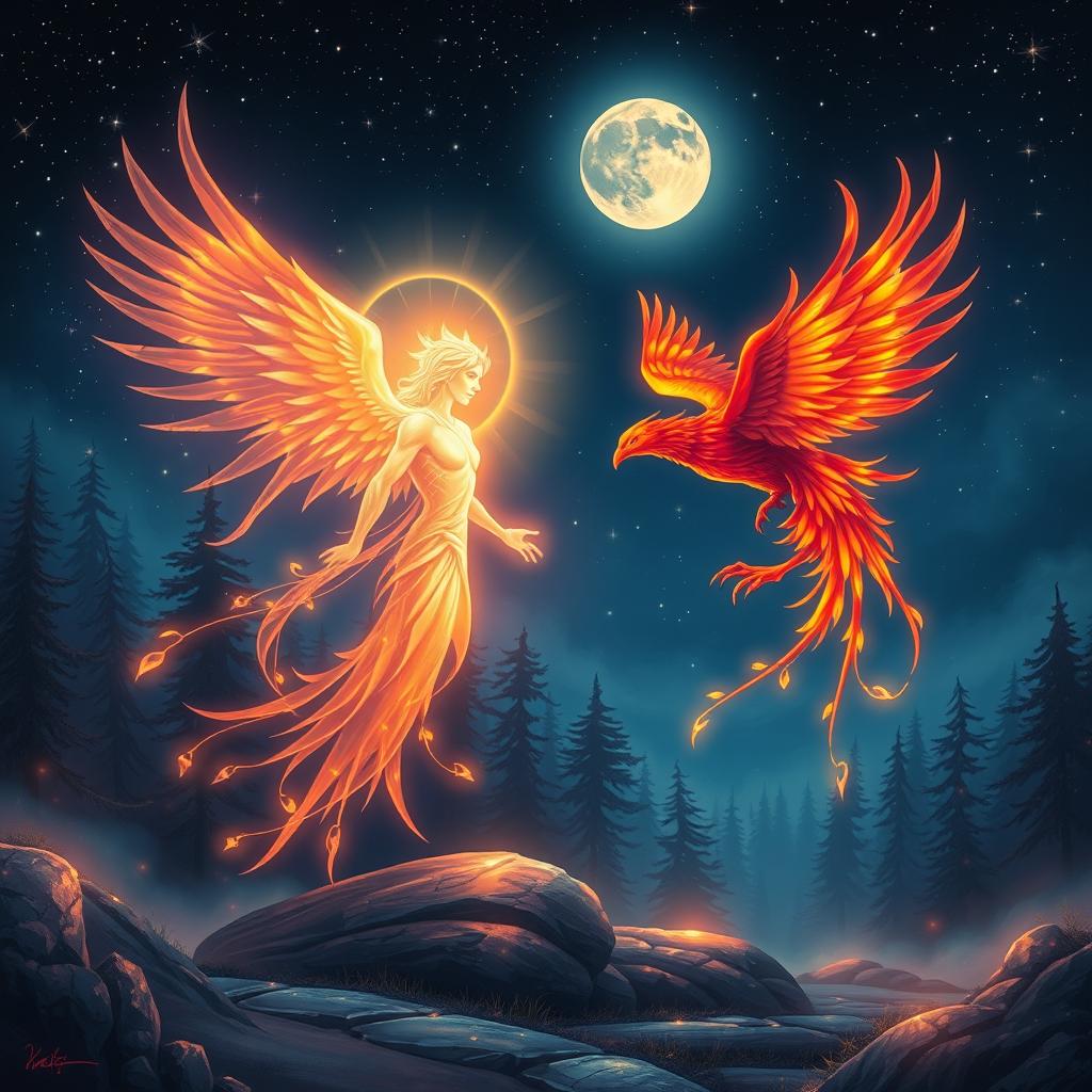 A magical night scene featuring two majestic entities, Radiance and Phoenix, meeting under a starlit sky