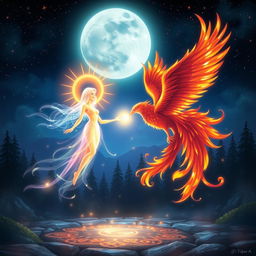 A magical night scene featuring two majestic entities, Radiance and Phoenix, meeting under a starlit sky