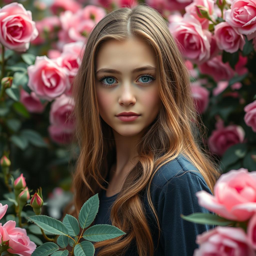 A close-up, waist-up portrait of a beautiful 16-year-old girl with Slavic features