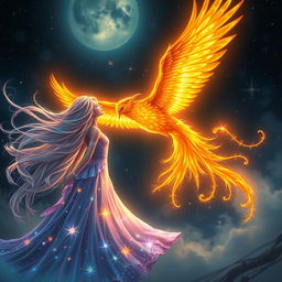 A fantastical scene depicting a female embodiment of Radiance, glowing with ethereal light, meeting a majestic Phoenix against a starry night sky