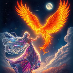 A fantastical scene depicting a female embodiment of Radiance, glowing with ethereal light, meeting a majestic Phoenix against a starry night sky