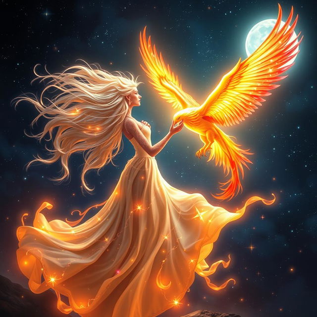 A fantastical scene depicting a female embodiment of Radiance, glowing with ethereal light, meeting a majestic Phoenix against a starry night sky