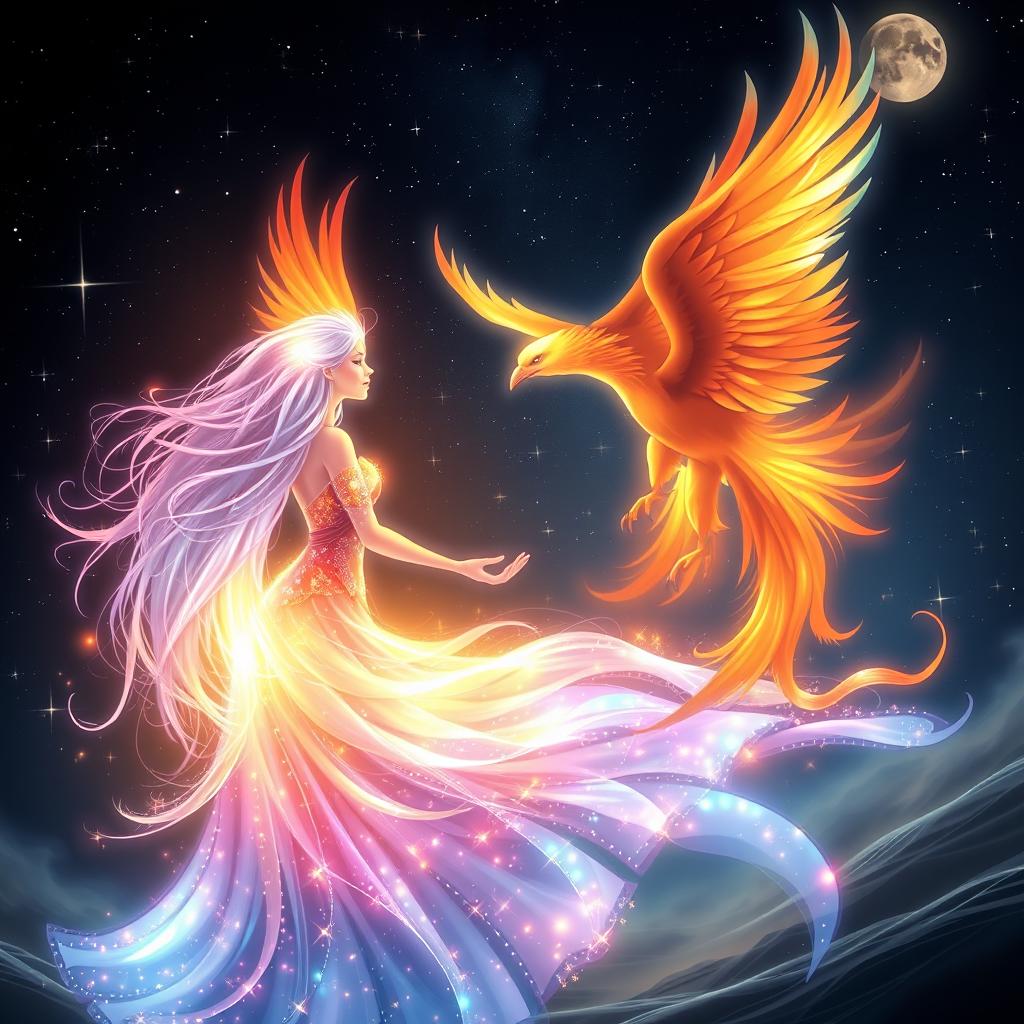 A fantastical scene depicting a female embodiment of Radiance, glowing with ethereal light, meeting a majestic Phoenix against a starry night sky
