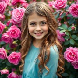 A close-up portrait of a beautiful girl with Slavic features, approximately 8 years old, showcasing her long, wavy hair adorned with large eyelashes