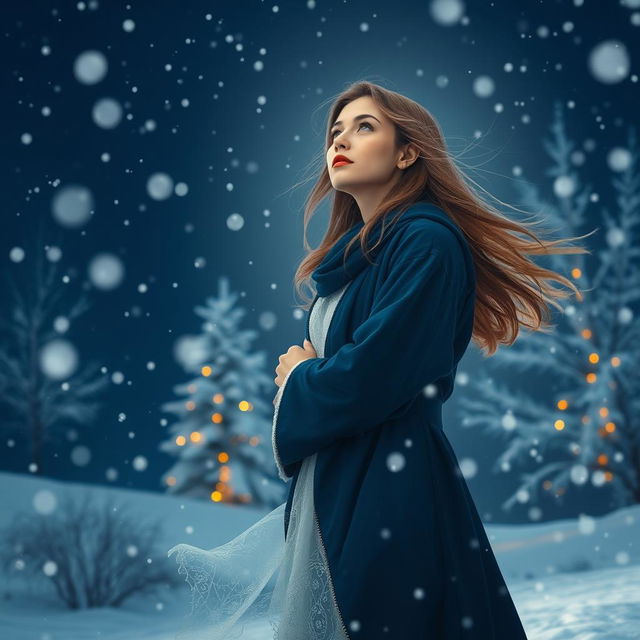 A captivating scene featuring a female figure radiating warmth in a navy blue and white ensemble, standing amidst swirling snowflakes on a serene snowy night