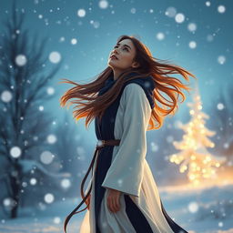 A captivating scene featuring a female figure radiating warmth in a navy blue and white ensemble, standing amidst swirling snowflakes on a serene snowy night