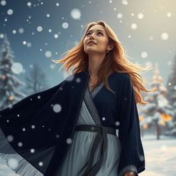 A captivating scene featuring a female figure radiating warmth in a navy blue and white ensemble, standing amidst swirling snowflakes on a serene snowy night