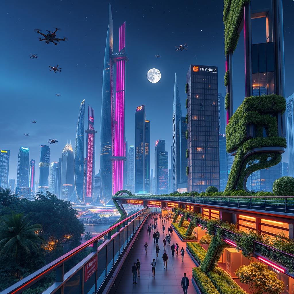 A stunning futuristic cityscape featuring tall, sleek skyscrapers made of glass and steel, illuminated by vibrant neon lights
