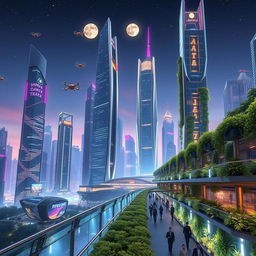 A stunning futuristic cityscape featuring tall, sleek skyscrapers made of glass and steel, illuminated by vibrant neon lights