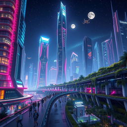 A stunning futuristic cityscape featuring tall, sleek skyscrapers made of glass and steel, illuminated by vibrant neon lights