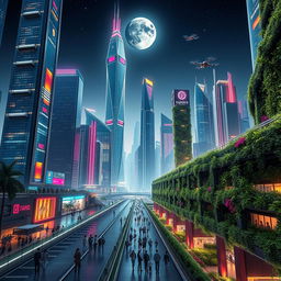 A stunning futuristic cityscape featuring tall, sleek skyscrapers made of glass and steel, illuminated by vibrant neon lights