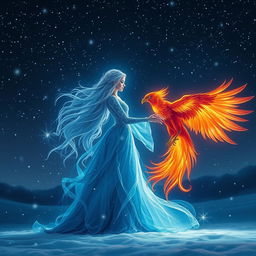 A stunning female figure radiating with a navy blue and white aura, standing majestically in a snowy landscape at night