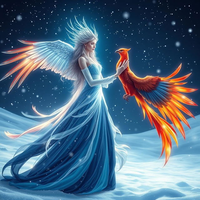 A stunning female figure radiating with a navy blue and white aura, standing majestically in a snowy landscape at night