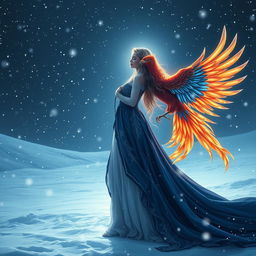 A stunning female figure radiating with a navy blue and white aura, standing majestically in a snowy landscape at night