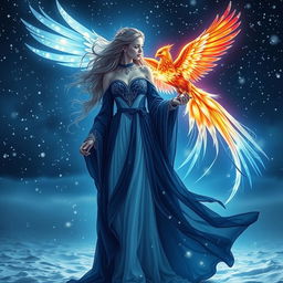 A stunning female figure radiating with a navy blue and white aura, standing majestically in a snowy landscape at night