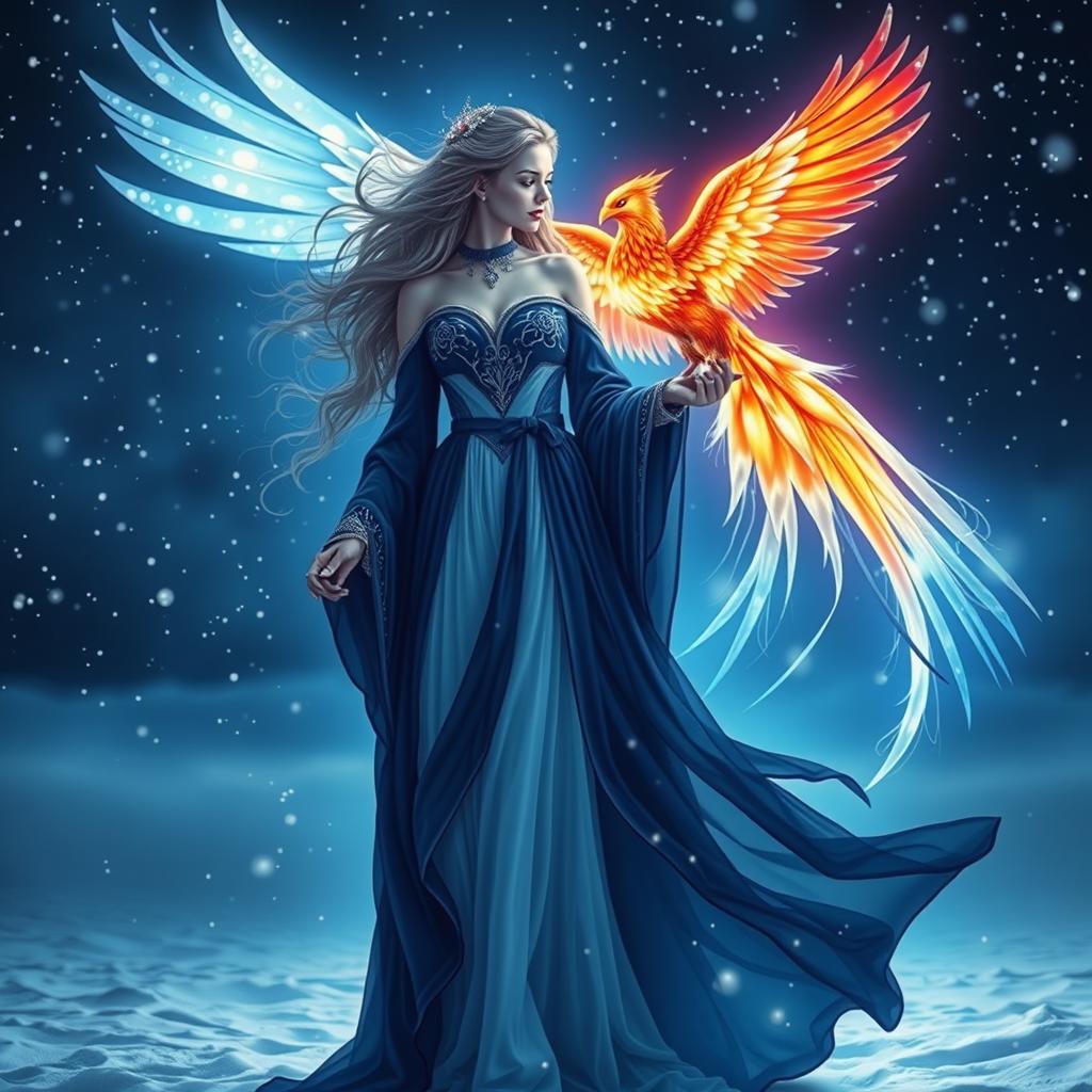 A stunning female figure radiating with a navy blue and white aura, standing majestically in a snowy landscape at night
