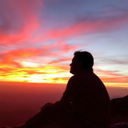 A serene scene of a person sitting peacefully while watching a vibrant sunset