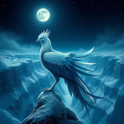 A beautiful and mystical scene depicting a female radiant and legendary phoenix bird with feathers in shades of navy blue and white, perched gracefully at the edge of a majestic snowy canyon