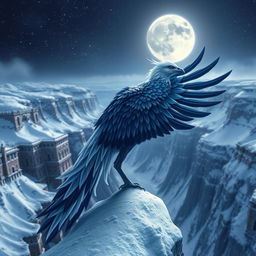 A beautiful and mystical scene depicting a female radiant and legendary phoenix bird with feathers in shades of navy blue and white, perched gracefully at the edge of a majestic snowy canyon