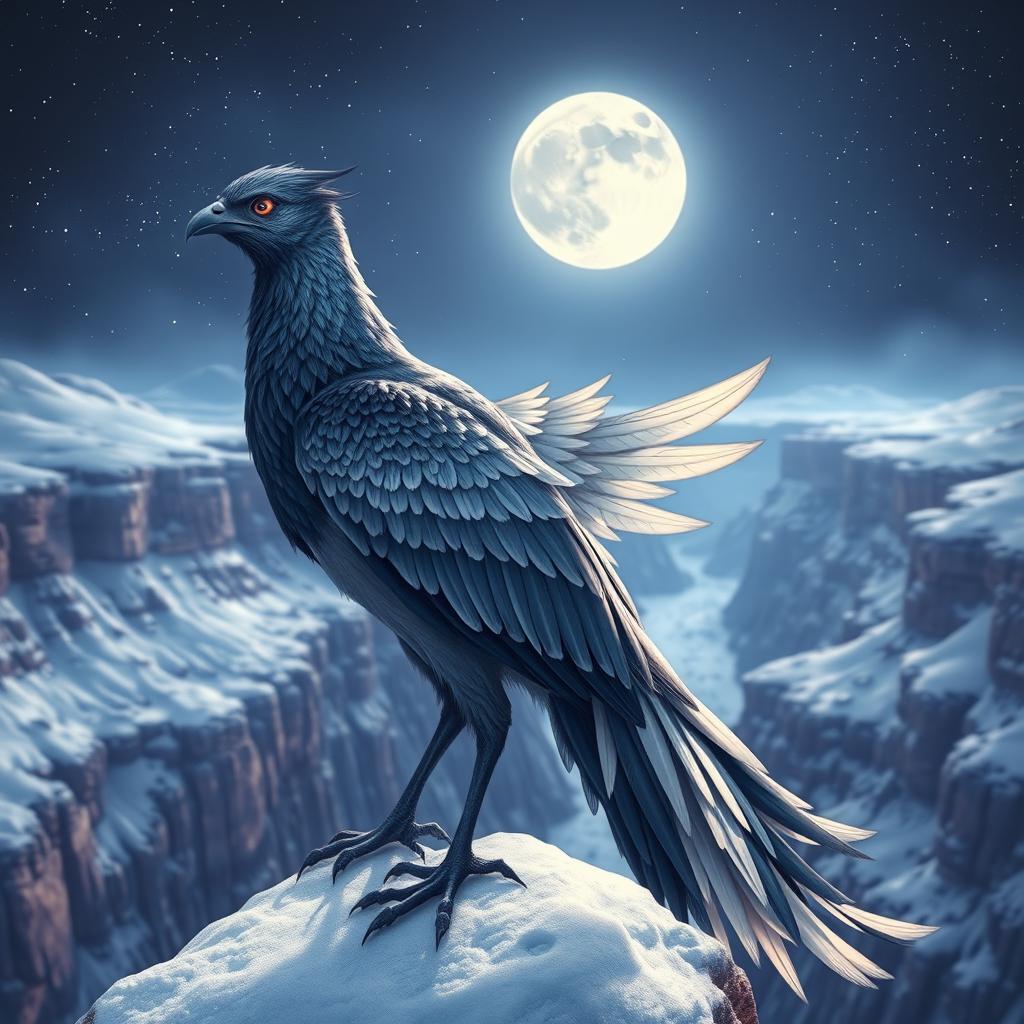 A beautiful and mystical scene depicting a female radiant and legendary phoenix bird with feathers in shades of navy blue and white, perched gracefully at the edge of a majestic snowy canyon