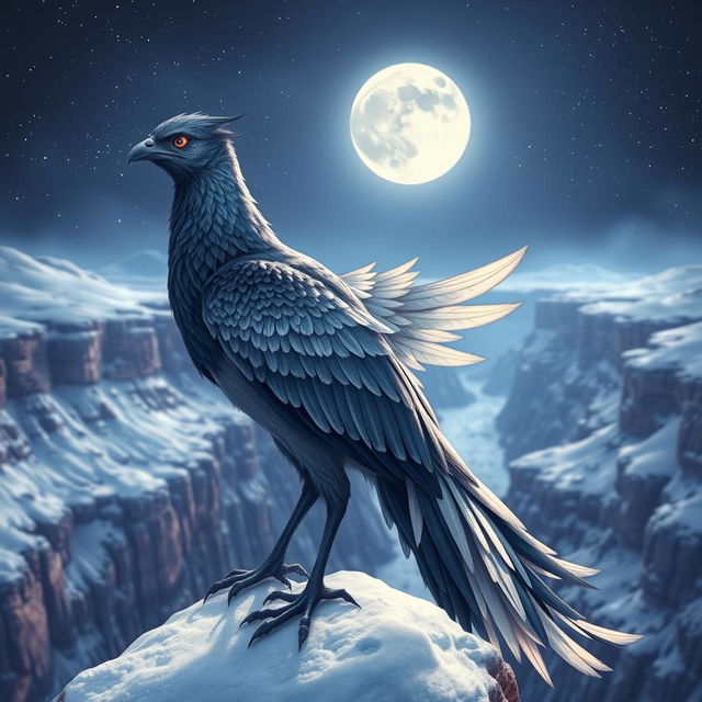 A beautiful and mystical scene depicting a female radiant and legendary phoenix bird with feathers in shades of navy blue and white, perched gracefully at the edge of a majestic snowy canyon